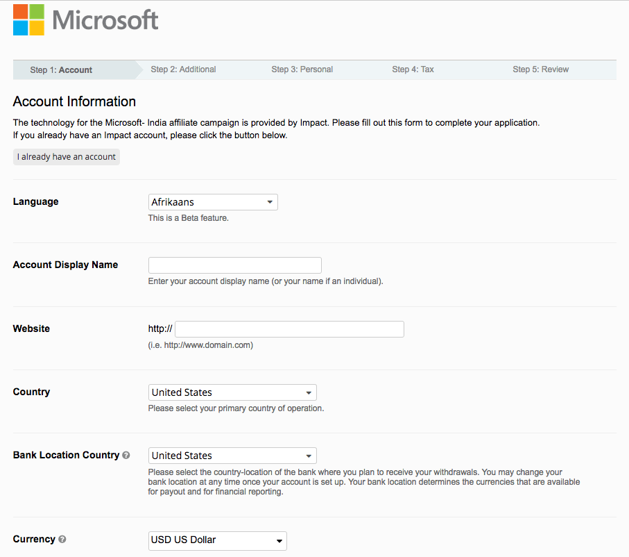 Microsoft Affiliate Account at Impact Radius