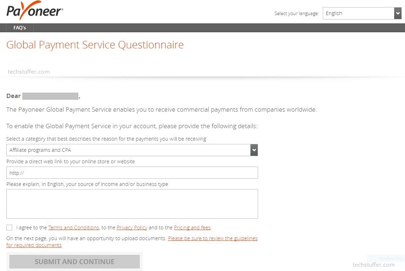 Payoneer Global Payment Service Questionnaire