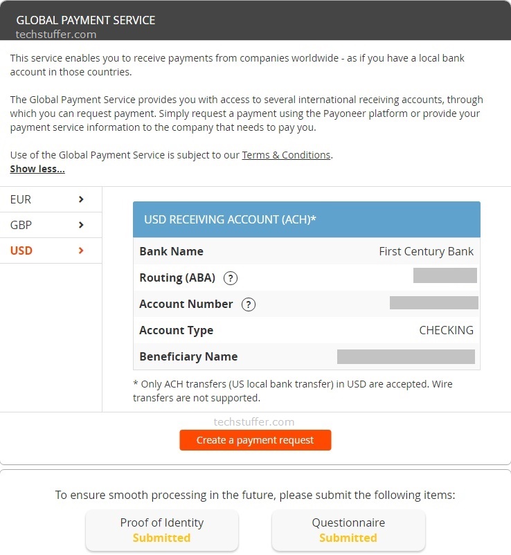 Payoneer Global Payment Service Details
