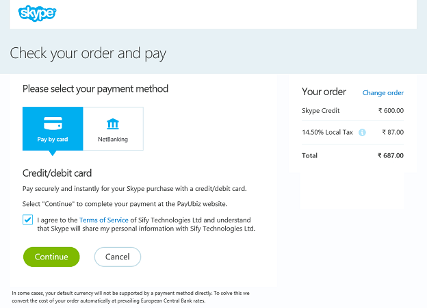Purchasing Skype Credit in India