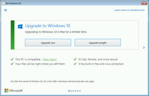 Windows 10 Upgrade Now or Upgrade Tonight nag